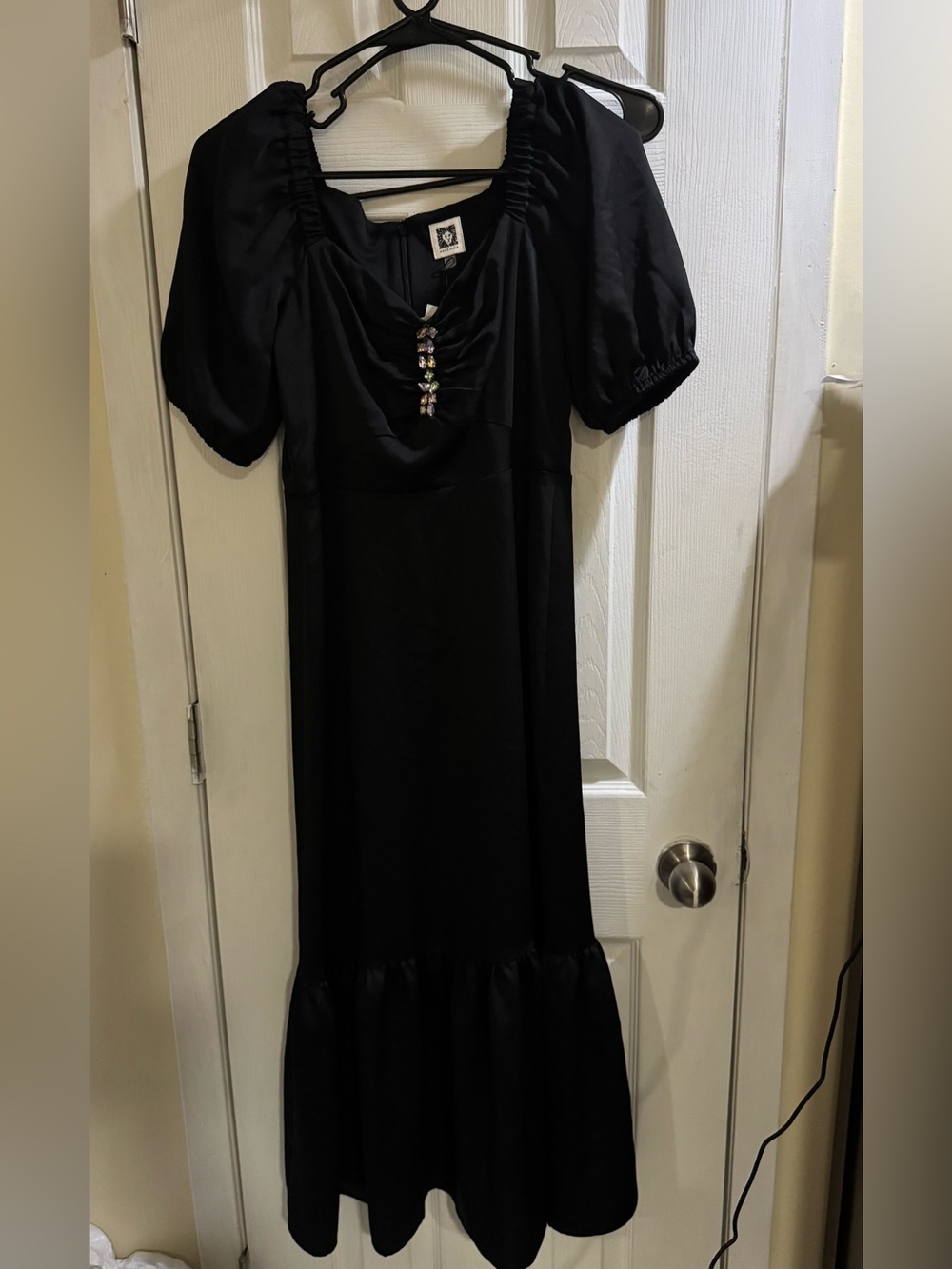 Anne Klein Women’s Black Puff Sleeve Midi Dress Beaded Detail Size 0 NWT
